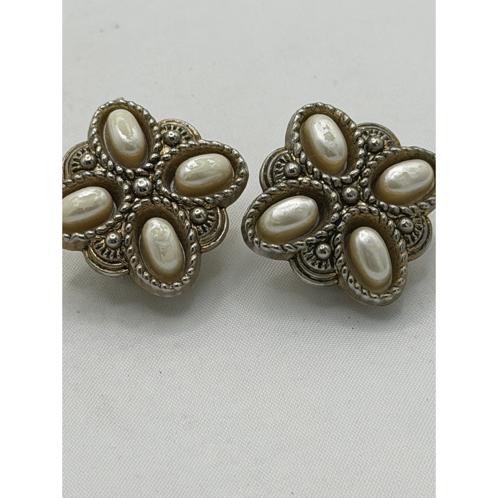 Vintage Silver-Tone Faux Pearl Quatrefoil Floral Clip-On Statement Earrings